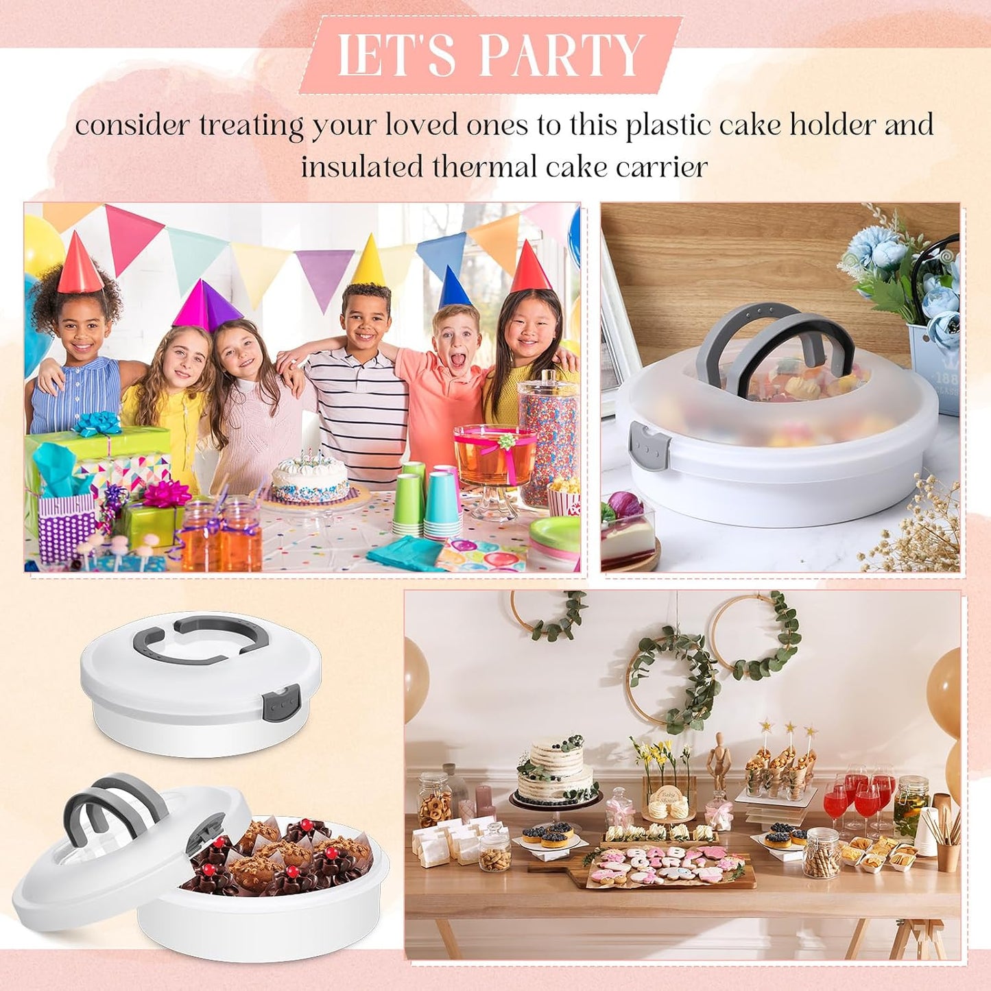 Vesici Set of 3 12'' Round Pie Holder Insulated Thermal Casserole Carriers for Hot or Cold Food 2 Pcs Plastic Cake Container with Lid Handle Portable Cake Carriers for Transport Cupcake Pie Pastry