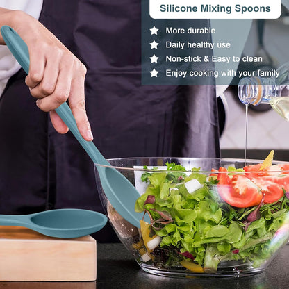 E-far Silicone Cooking Spoon Set of 2, Heat Resistant Kitchen Spoons Utensils Nonstick Mixing Spoon for Baking Stirring Serving, Non-Toxic & Dishwasher Safe (Black)