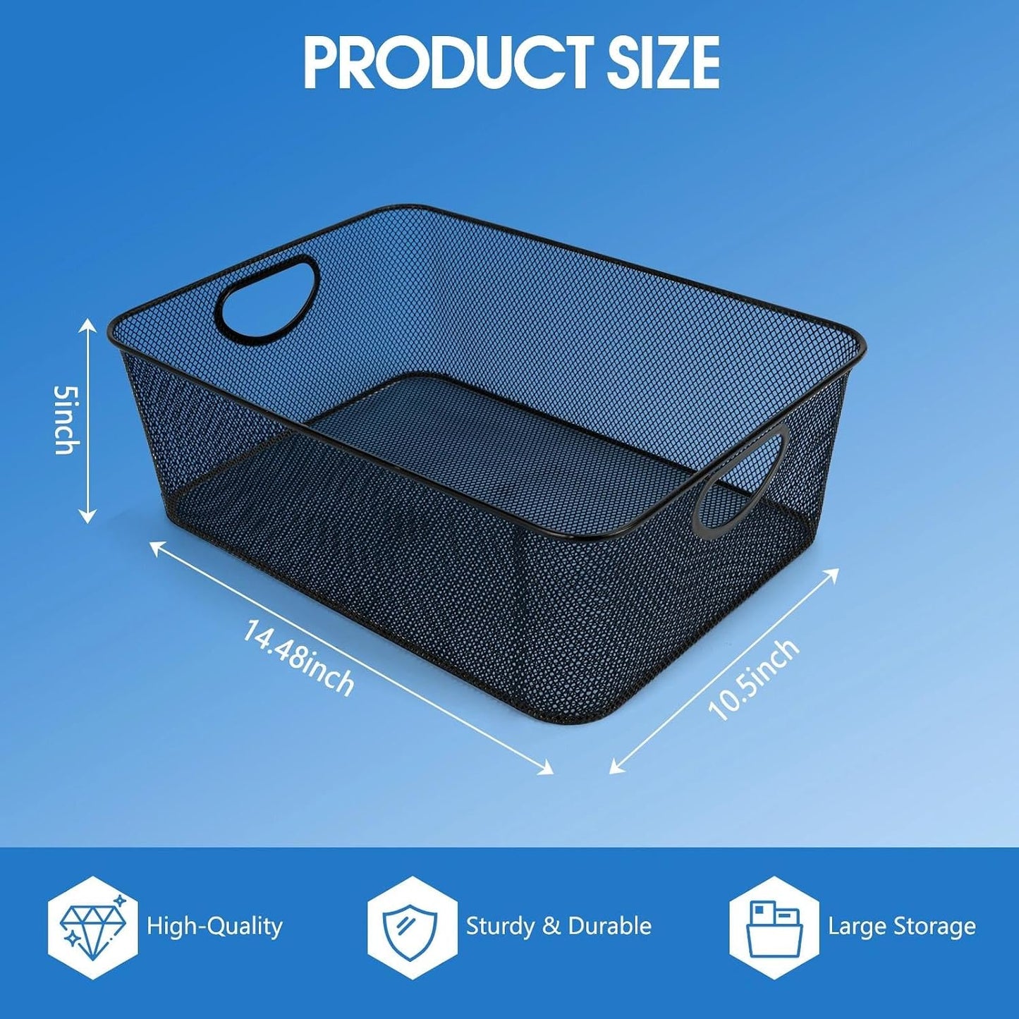 Large Black Wire Baskets, Metal Mesh Steel Basket, File Storage Organizer, Household Sundry Storage, Versatile Baskets with Handle for Home Office Kitchen Pantry Bathroom, 14.5x10.5x5 inches (2 PCS)