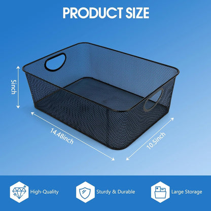 Large Black Wire Baskets, Metal Mesh Steel Basket, File Storage Organizer, Household Sundry Storage, Versatile Baskets with Handle for Home Office Kitchen Pantry Bathroom, 14.5x10.5x5 inches (2 PCS)