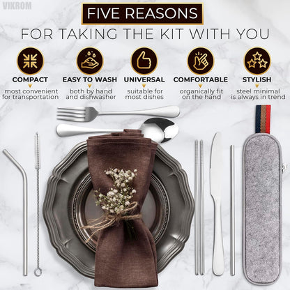 8-Piece Travel Silverware Set with Case – Stainless Steel Reusable Utensils for Camping, Picnic, Work, Lunch Box, and Travel Dishwasher Safe, Compact and Portable – Great for On-the-Go Meals