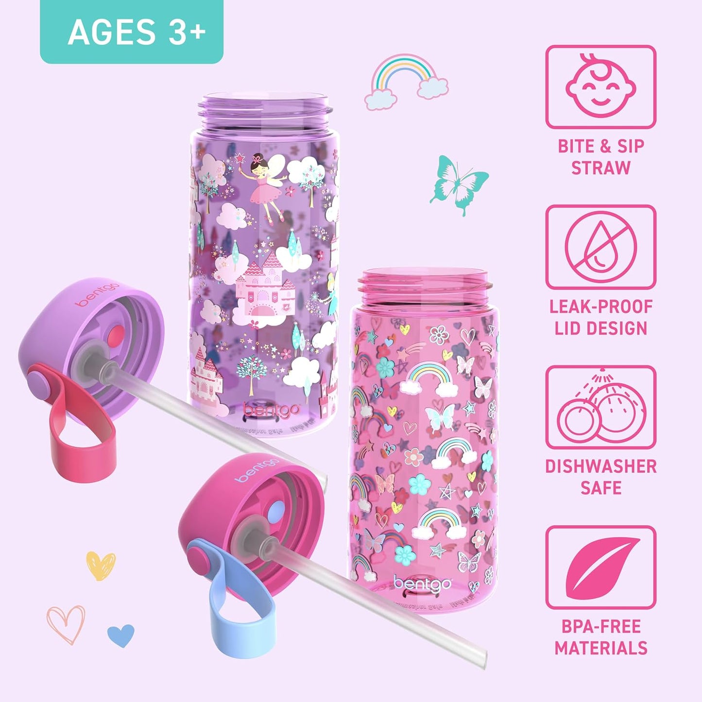 Bentgo Kids Water Bottle - Leak-Proof, Durable Tritan PFAS- & BPA-Free 15 fl oz, Kids/Toddlers Ages 3+ for School & Sports; Bite & Sip Spout, Carrying Handle, Dishwasher Safe (Unicorn)