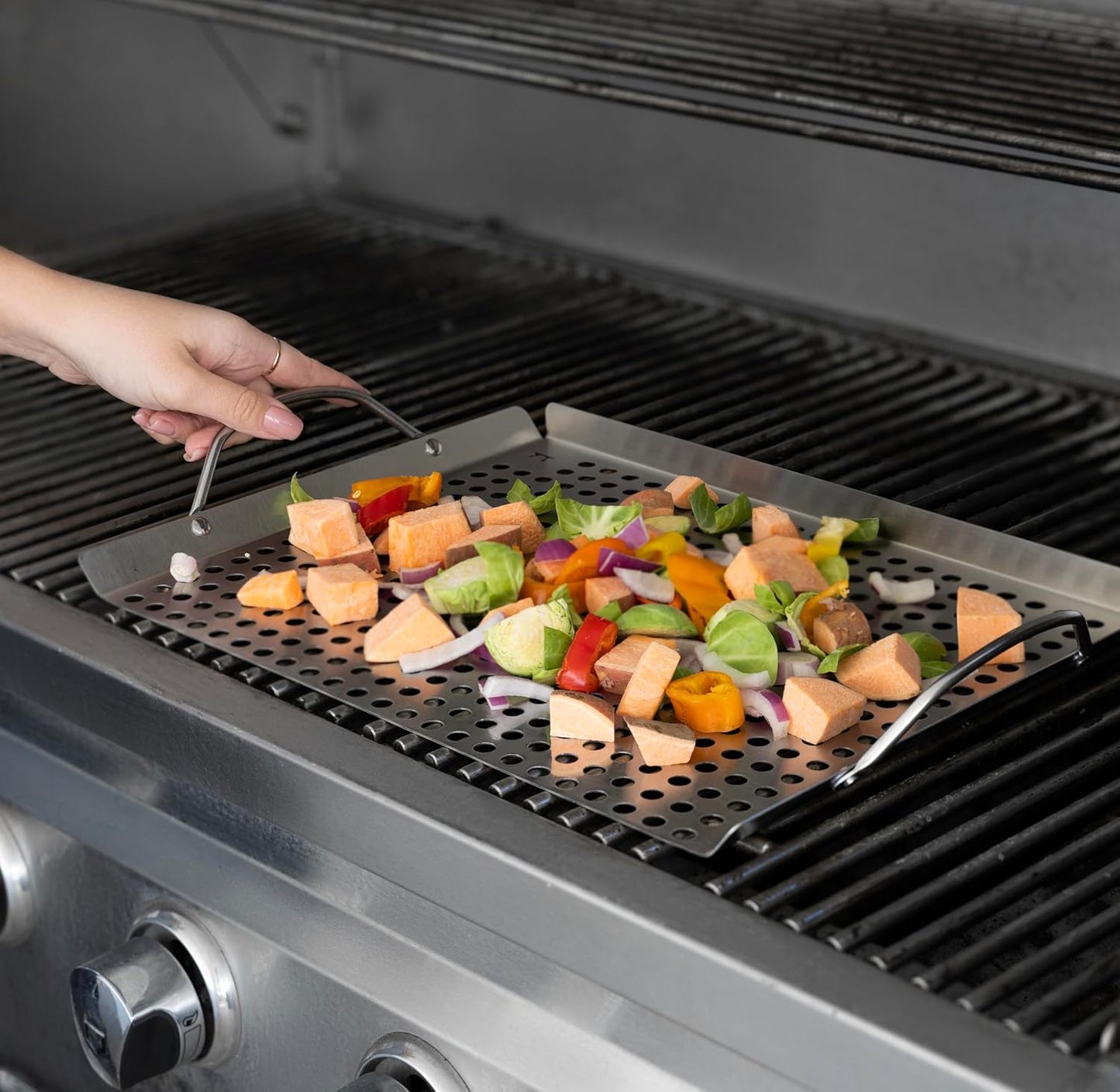 Outset 76631 Stainless Steel Grill Topper Grid, 11"x7" BBQ Pan With Handles