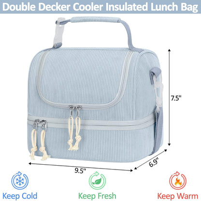 Vankor Corduroy Lunch Box Kids Insulated Lunch Bag Double Decker, Cute Leak-Proof Lunch Box for Boys Girls, Portable Cooler Lunch Bag Thermal Lunch Tote for School Picnic Travel, Light Blue