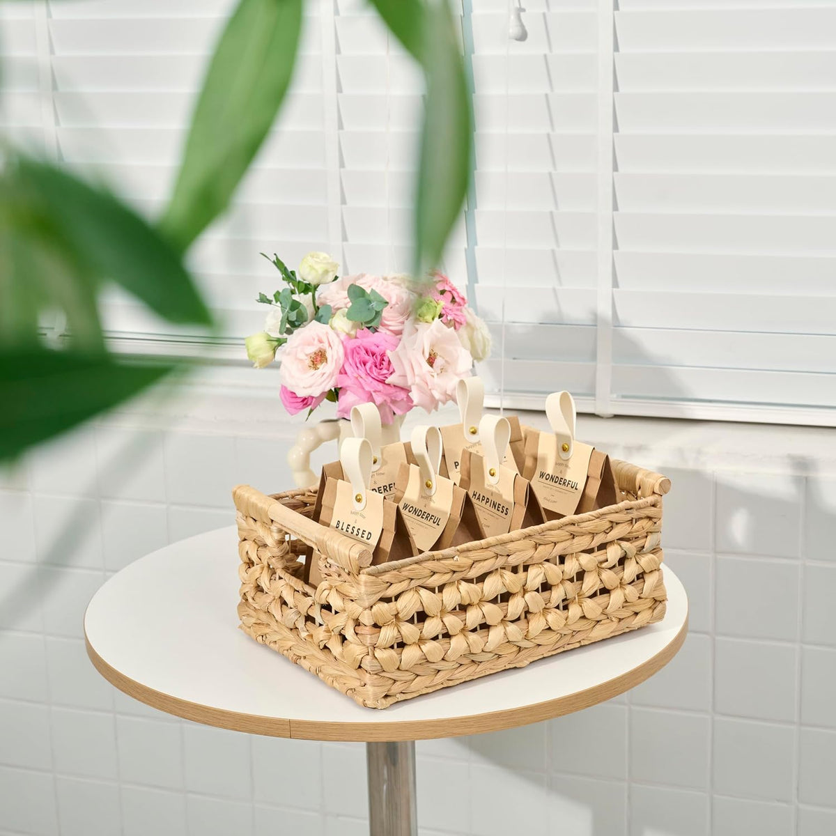 NAYA 11.6" Water Hyacinth Medium Wicker Shelf Basket – Storage Bin | Handwoven water hyacinth shelf basket with sturdy handles for pantry, towels and everyday home organization.
