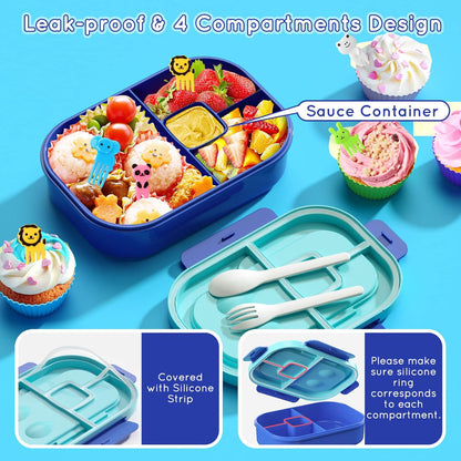 Lunch Box Kid Adult Bento Box, 4-Compartment Food Lunch Containers with Fork & Spoon, BPA Free, Leak-Proof Bento-Style Lunch Box for Work School, Microwave & Dishwasher Safe (Candy)