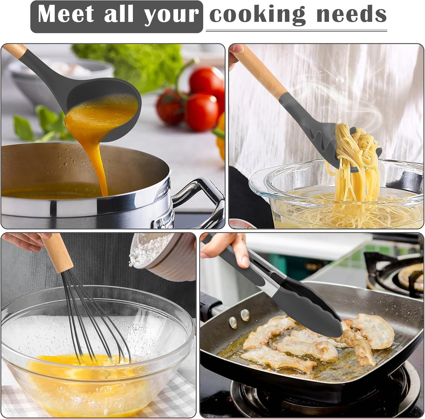 E-far Silicone Cooking Utensils Set, 5-Piece Kitchen Utensils Set with Wooden Handle for Cooking, Silicone Kitchen Nonstick Tools Spatula Turner Slotted Spoons, Nontoxic & Heat Resistant-Khaki