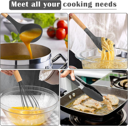 E-far Silicone Cooking Utensils Set, 5-Piece Kitchen Utensils Set with Wooden Handle for Cooking, Silicone Kitchen Nonstick Tools Spatula Turner Slotted Spoons, Nontoxic & Heat Resistant-Khaki