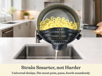 Clip On Strainer Silicone for Pots and Pans, Universal Fit Pasta Strainer and Pot Colander, Space Saving Food Drainer with Collapsible Funnel and Garlic Peeler, 3 Pcs Set, Gray