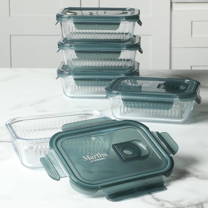 Martha Stewart Shadowbrook 5-Piece Borosilicate Glass Storage Container Set – Airtight Locking Lids, 21.6 oz Meal Prep, Leftover & Lunch Containers, Microwave, Oven & Dishwasher Safe