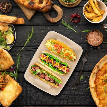 Disposable Taco Holders for Party - Bagasse Pulp Fiber Plates With 3 Dividers for Gathering, Fiesta Tray, Recyclable for Taco Tuesday Lazy Susan Bar (50PCS)