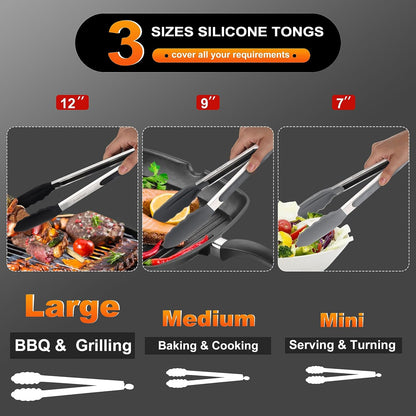 Anaeat Premium Kitchen Locking Tong Set of 3 - Heavy Duty Stainless Steel Food Tongs with Long Handle & Non-Slip Silicone Grip for Cooking, Baking, Grilling - Heat Resistant up to 480°F