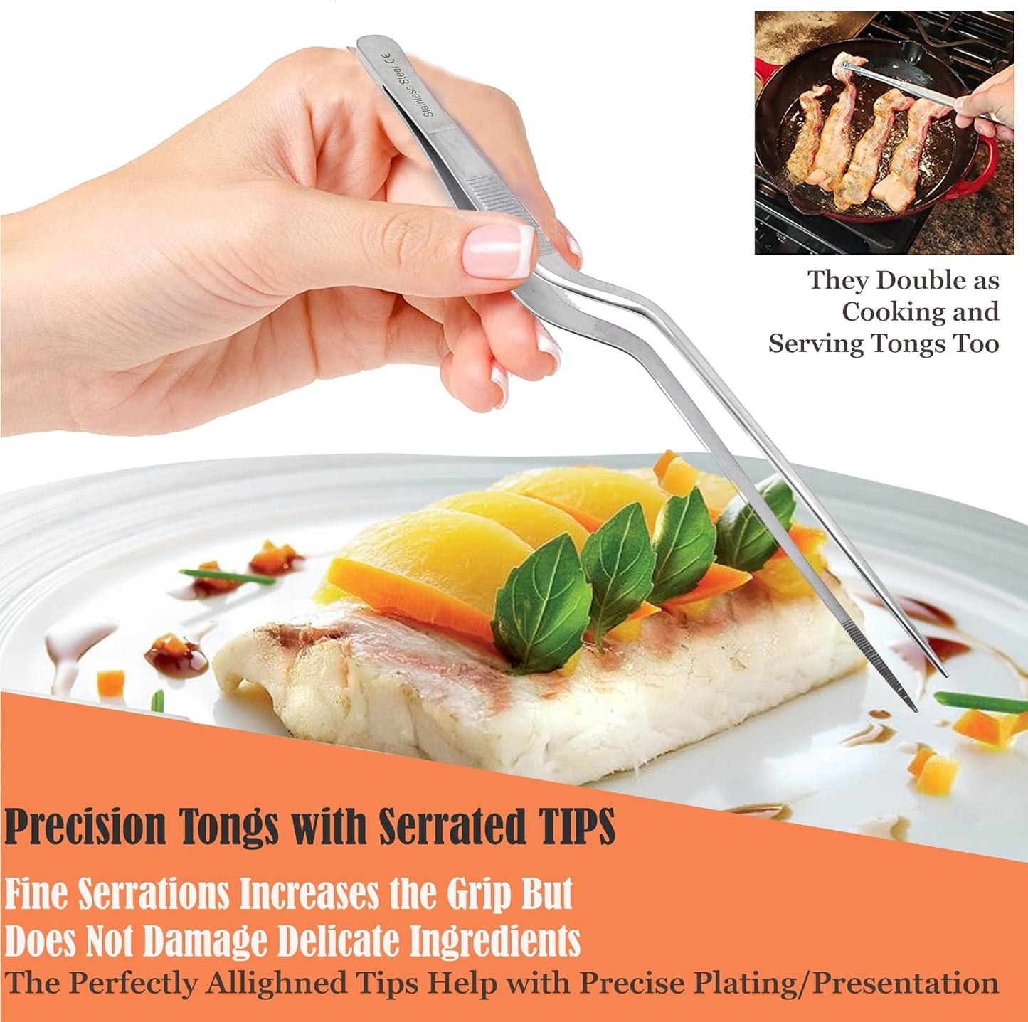 A2Z Offset Kitchen Tweezers, Stainless Steel Precision Tongs For Cooking, Fine Point Serrated Tips Multi-function Cooking Tongs Kitchen Serving Tong, Plates Garnish, Cake Decorating (10 inch)