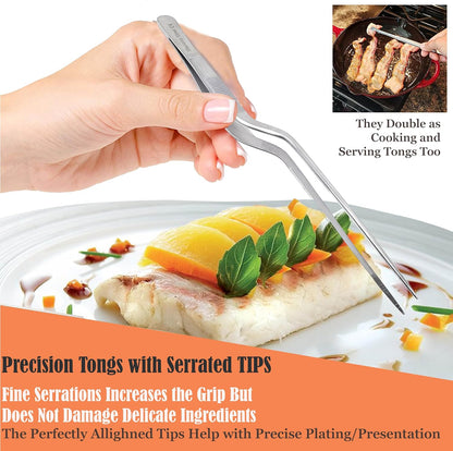 A2Z Offset Kitchen Tweezers, Stainless Steel Precision Tongs For Cooking, Fine Point Serrated Tips Multi-function Cooking Tongs Kitchen Serving Tong, Plates Garnish, Cake Decorating (10 inch)