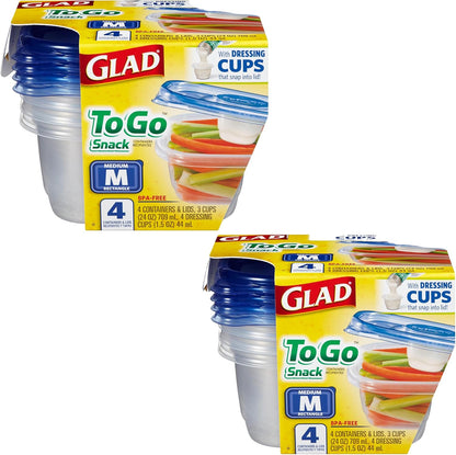 Glad GladWare To Go Snack Food Storage Containers with Lids, Medium Rectangle No BPA Plastic with Built-In Dressing Cup for Salads and Snacks, Microwave Dishwasher Safe, 24 Oz, 4 Count