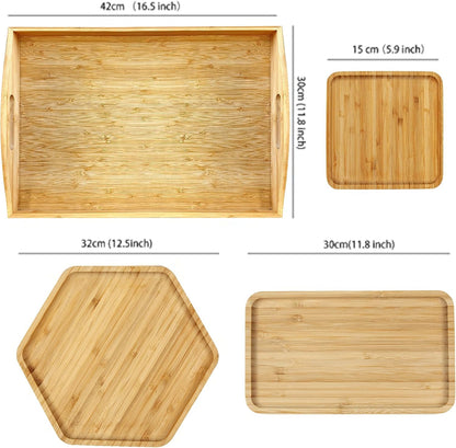 Bamboo Serving Trays Charcuterie Platter 16.5"x11.8"（42x30cm with Handle, Set Includes 1xHexagon 12.5"(32cm)+1xSquare 7.8"(20cm)+1xSquare 5.9"(15cm) Small Plates for Family Dinner