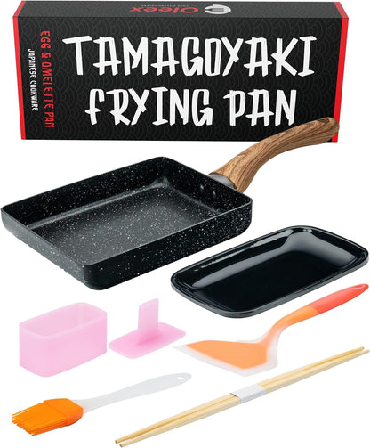 Oleex Tamagoyaki Pan Set – Japanese Omelette Pan with Kitchen Cooking Tools Like Musubi Mold, Spatula & Other Omelet Accessories – Multifunctional PFOA-Free Nonstick Square Frying Pan – 5x7 Inches