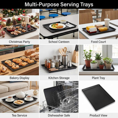 Plastic Food Serving Trays 14.7"x10.7" (2-Pack) - Black - Reusable Serving Platters for Christmas Party, School Cafeterias, Food Courts, Bakeries - Stackable & Dishwasher-Safe