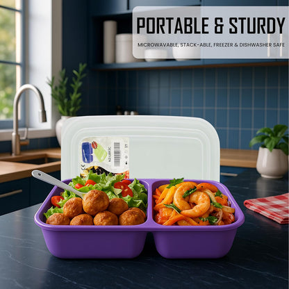 Neez 2-Pack Reusable Bento Box Lunch Containers- 3 Compartment Divided Lunch Organizer, Meal Prep Lunch Box with Lids, Microwave Safe & Sectioned Food Containers(48oz Green & Purple)