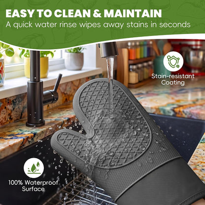 Silicone Oven Mitts,Heat Resistant, Oven Gloves with Soft Lining,Universal Fit Heat Resistant Kitchen Gloves for Baking, BBQ, Cooking and Grilling (Khaki)