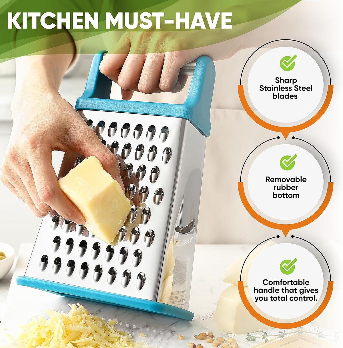 Spring Chef Stainless Steel XL Cheese Grater for Kitchen, Green