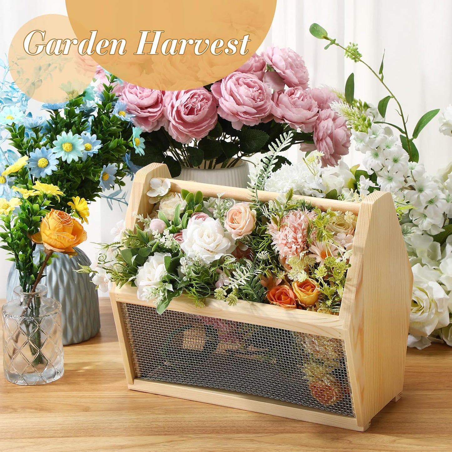 Colingmill Garden Hod Harvest Basket for Women Father Gift Garden Harvesting Basket 20 x 6 x 8 Inch Pine and Metal Mesh Gardening Hod with Handle Vegetable Fruit Gathering Gardener Supply