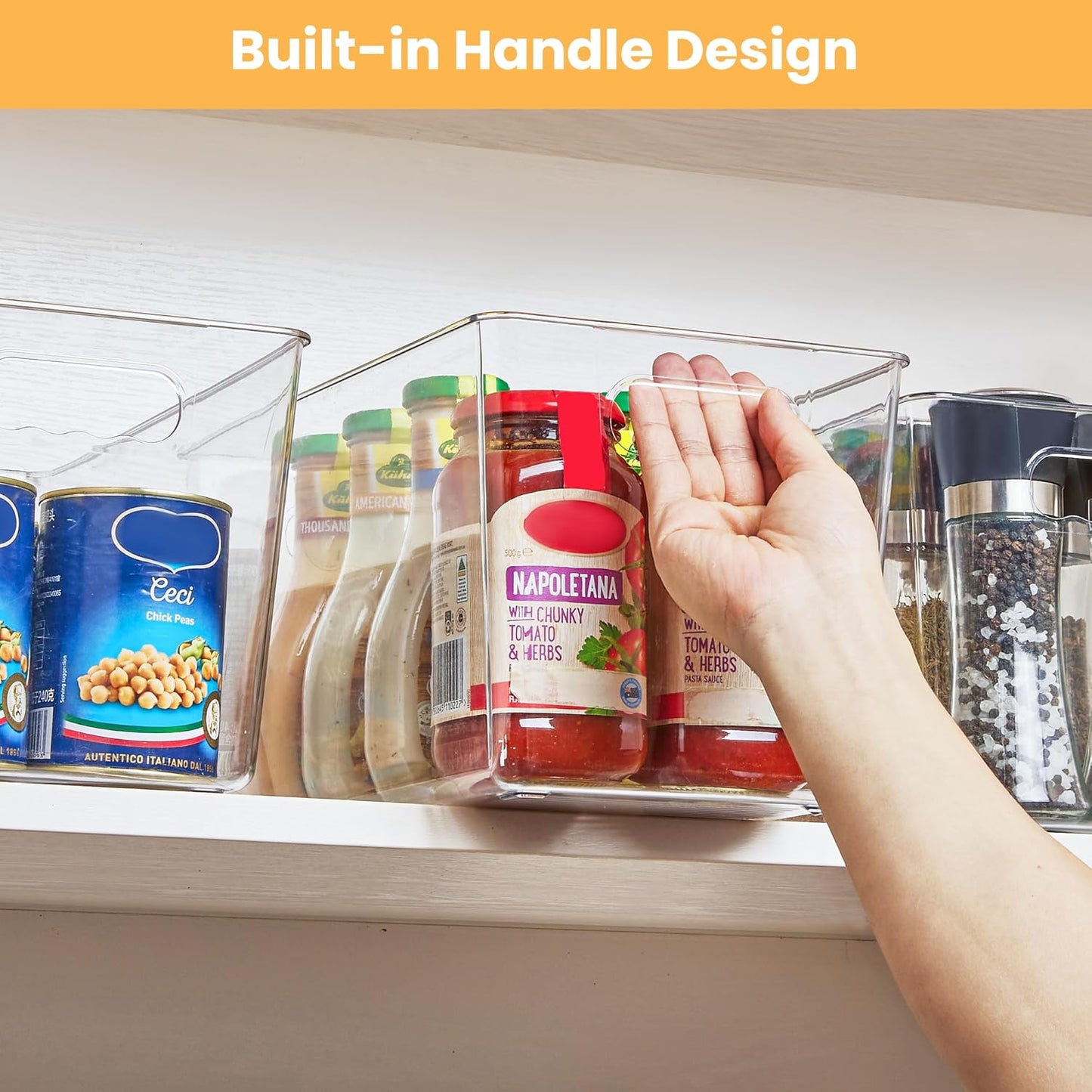 YIHONG Clear Plastic Storage Bins, 4 Pack Small Pantry Organizer Bins with Handle for Kitchen, Freezer,Cabinet,Closet Organization and Storage