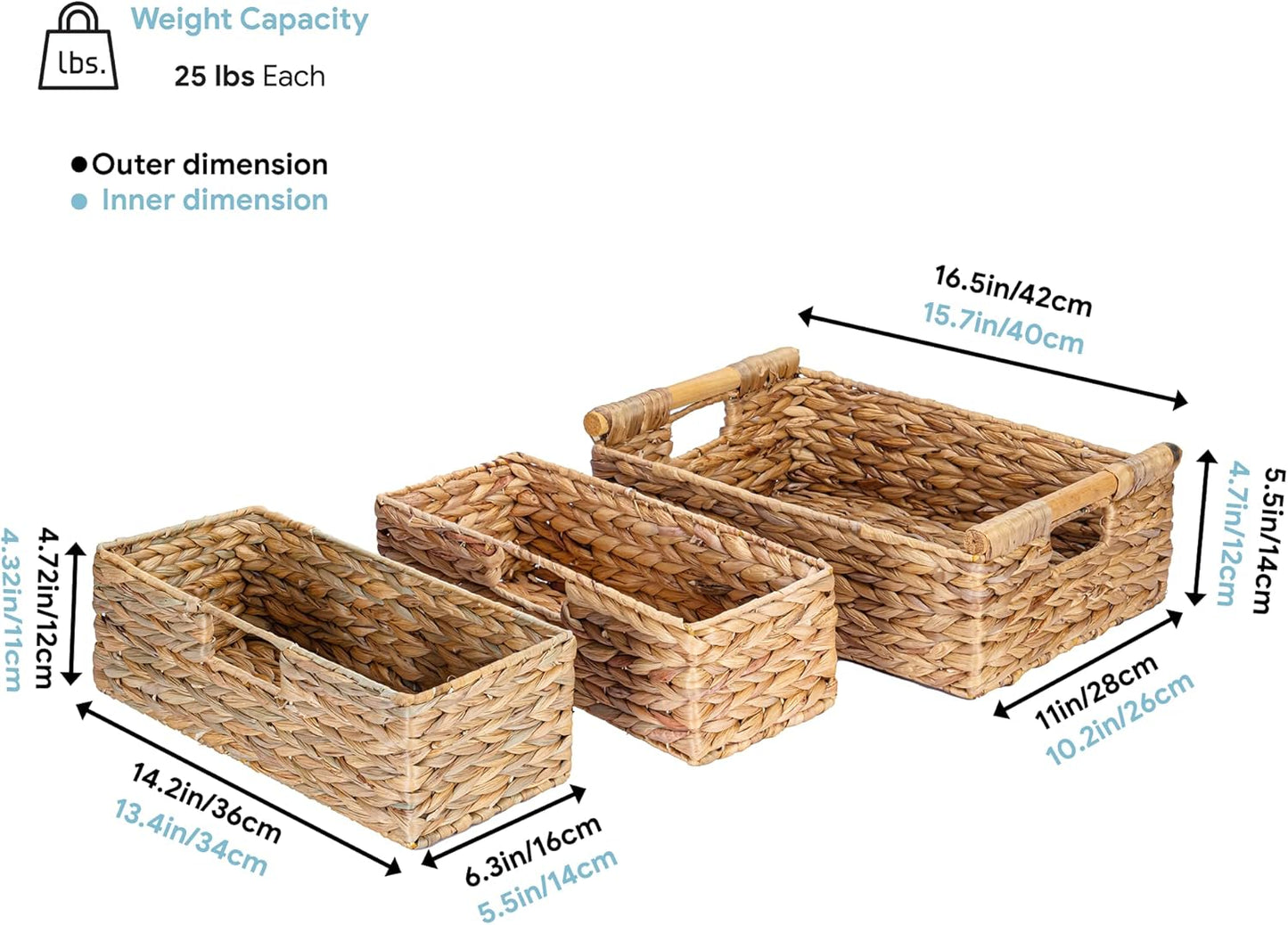 VATIMA Water Hyacinth Storage Baskets with Large Open-Front for Kitchen, Decorative for Living Room, 13.4” x 9.5” x 5.5”, 2 Pack