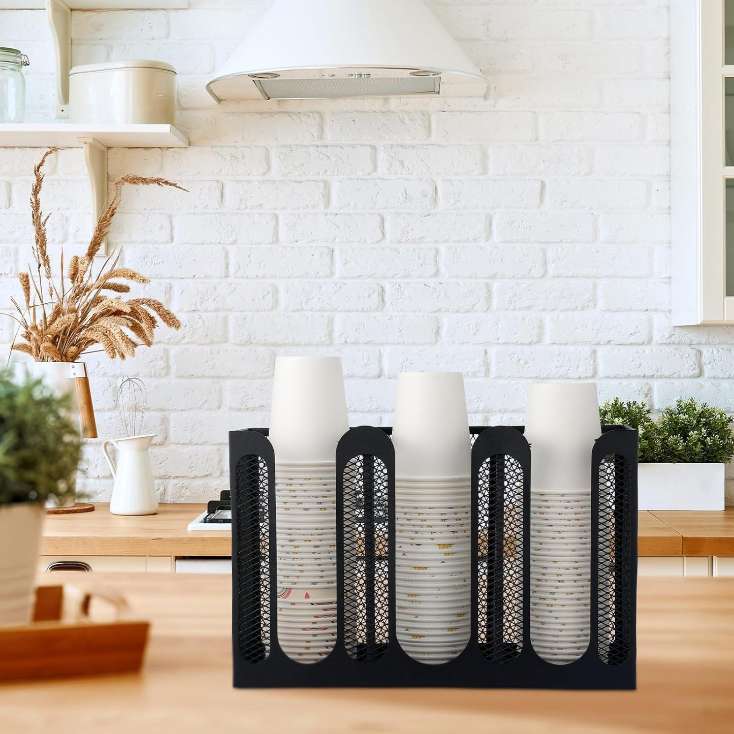 Maxcheck Metal Mesh Cup and Lid Holder Coffee Paper Cup Dispenser Lid Holder Storage Organizer Countertop or Wall Mount for Coffee Bar, Kitchen, Breakroom(4 Compartments,16.1 x 4.1 x 8 Inch)