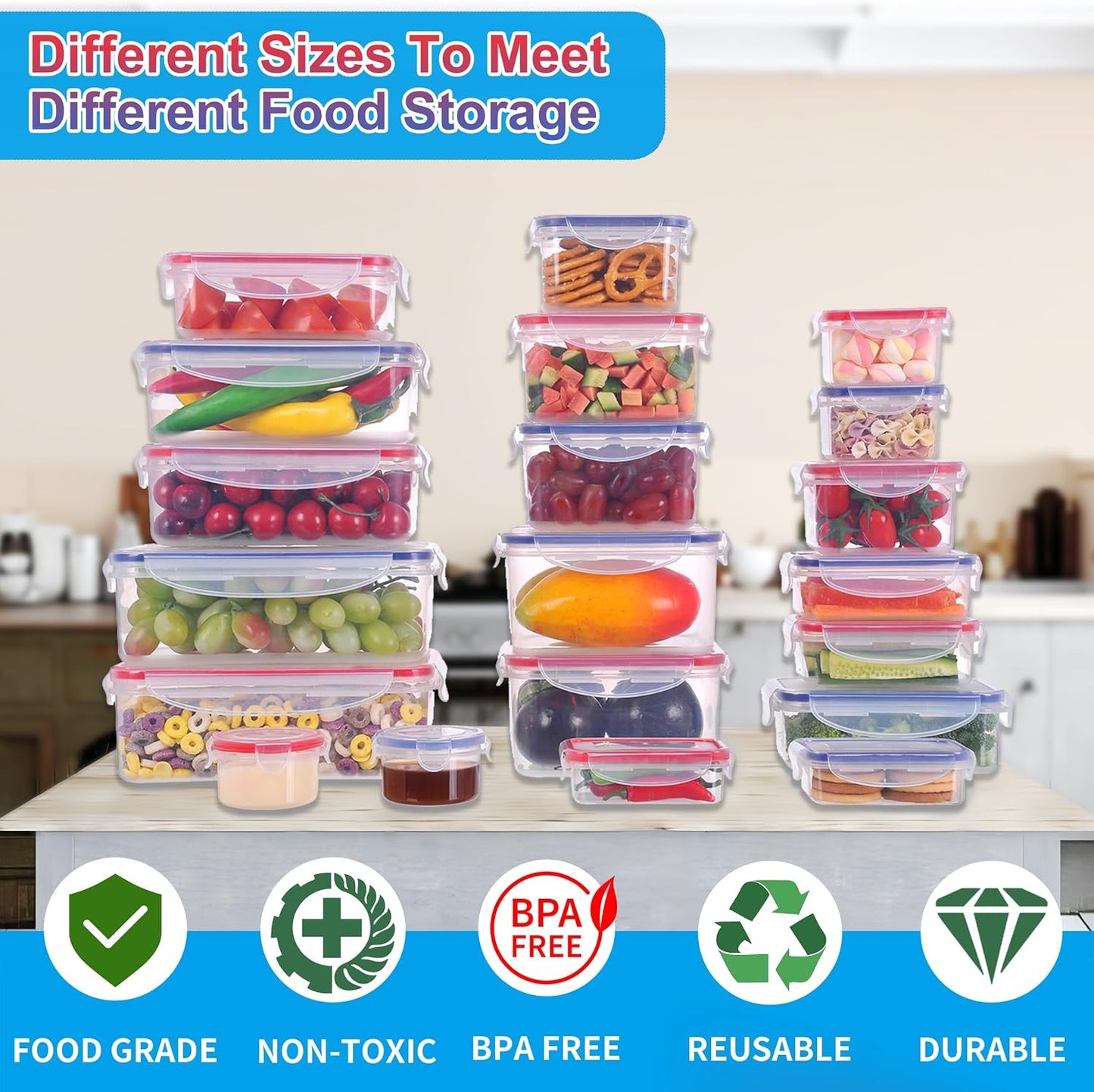 52-Piece Large Food Storage Containers with Lids Airtight, Health Material 85oz Leakproof Reusable Plastic Storage Containers, for Lunch, Meal Prep, and Leftovers, Kitchen Organizer, Freezer Container