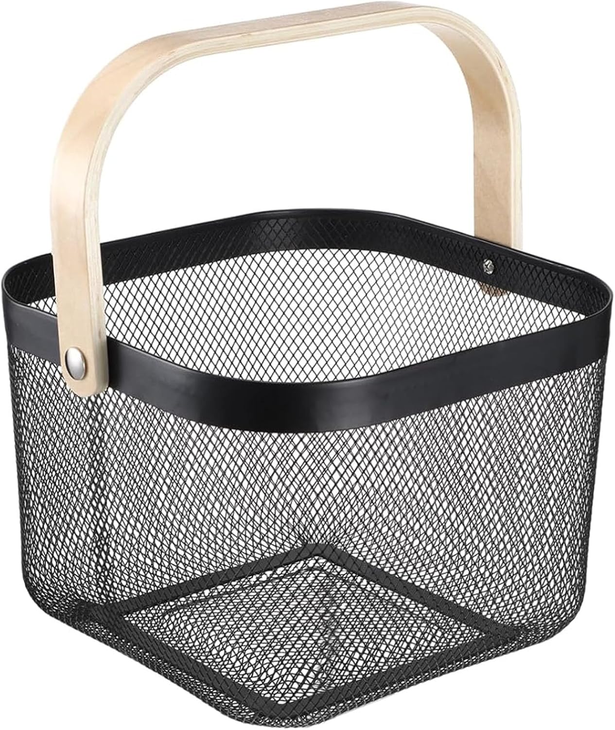 AJIODA Metal Mesh Wire Basket, Large Steel Basket with Wooden Handle Storage Organizer Basket Multi-functional Hanging Kitchen Baskets Fruit Baskets for Kitchen Bathroom Cabinet Pantry Snacks, Black