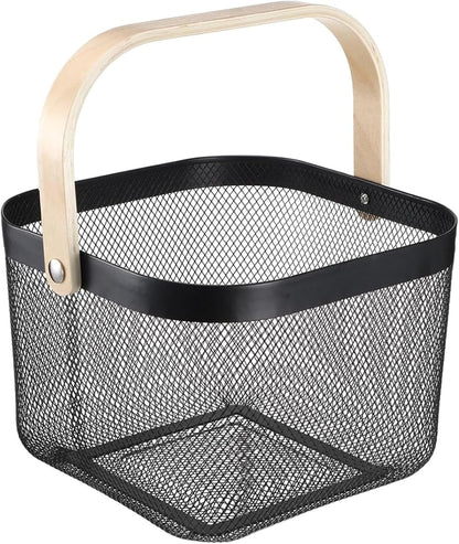 AJIODA Metal Mesh Wire Basket, Large Steel Basket with Wooden Handle Storage Organizer Basket Multi-functional Hanging Kitchen Baskets Fruit Baskets for Kitchen Bathroom Cabinet Pantry Snacks, Black
