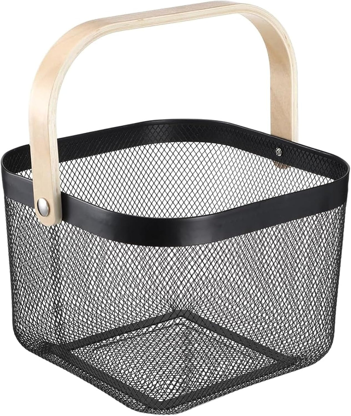 AJIODA Metal Mesh Wire Basket, Large Steel Basket with Wooden Handle Storage Organizer Basket Multi-functional Hanging Kitchen Baskets Fruit Baskets for Kitchen Bathroom Cabinet Pantry Snacks, Black