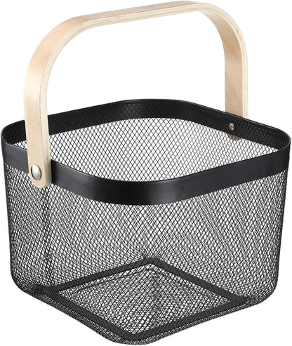 AJIODA Metal Mesh Wire Basket, Large Steel Basket with Wooden Handle Storage Organizer Basket Multi-functional Hanging Kitchen Baskets Fruit Baskets for Kitchen Bathroom Cabinet Pantry Snacks, Black