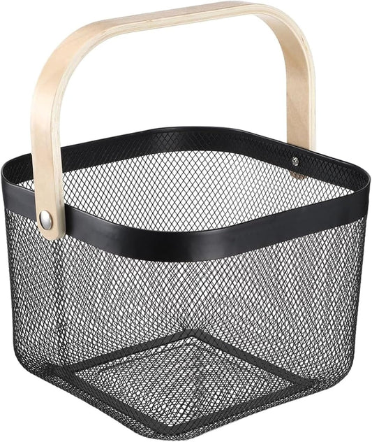 AJIODA Metal Mesh Wire Basket, Large Steel Basket with Wooden Handle Storage Organizer Basket Multi-functional Hanging Kitchen Baskets Fruit Baskets for Kitchen Bathroom Cabinet Pantry Snacks, Black