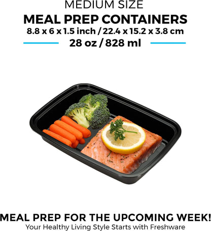 Freshware Meal Prep Containers [15 Pack] 2 Compartment with Lids, Food Storage Containers, Bento Box, BPA Free, Stackable, Microwave/Dishwasher/Freezer Safe (28 oz), Black