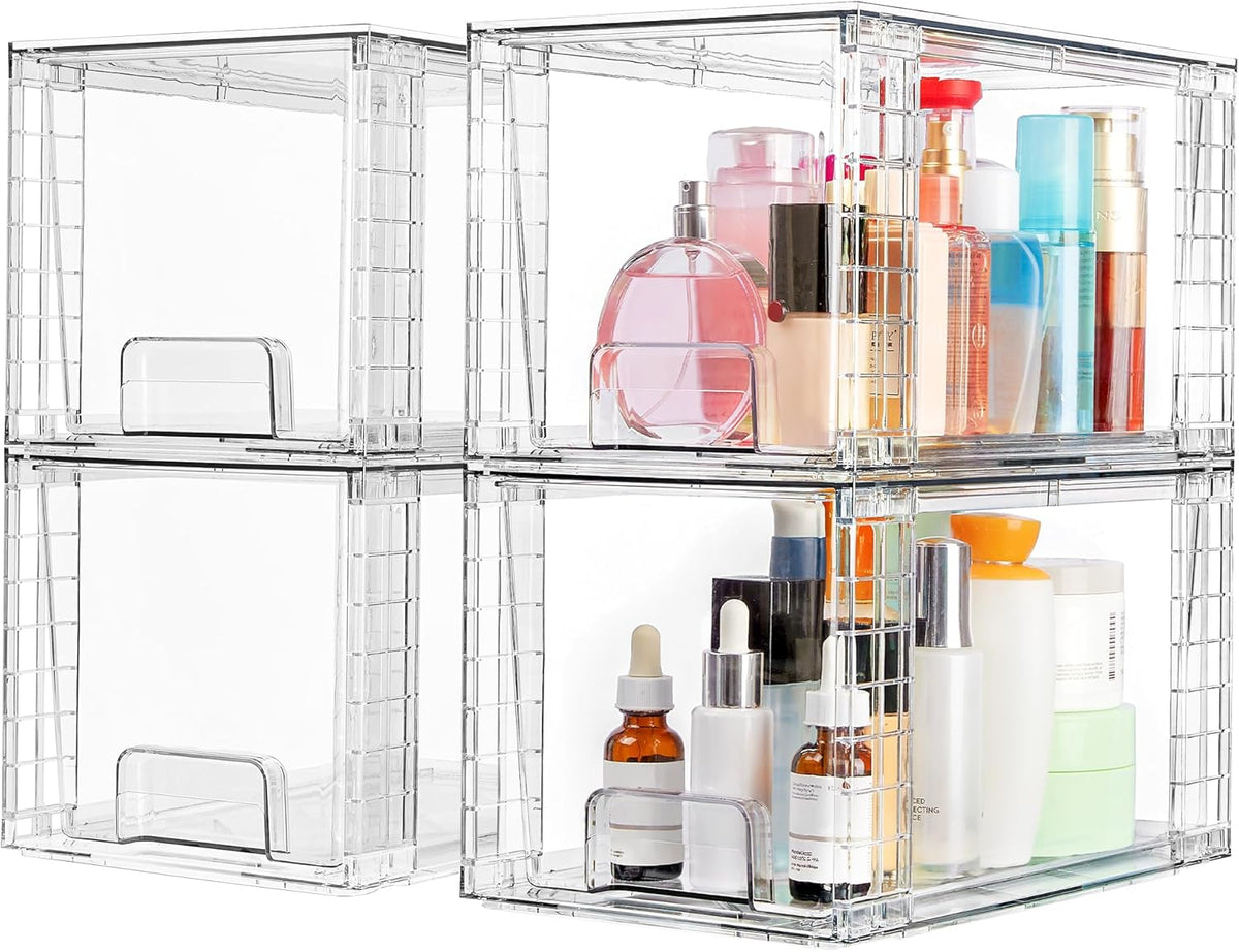 Vtopmart 8 Pack Large Stackable Storage Drawers,Clear Acrylic Drawer Organizers with Handles, Easily Assemble for Fridge, Bathroom,Kitchen Undersink,Cabinet,Pantry Organization and Storage