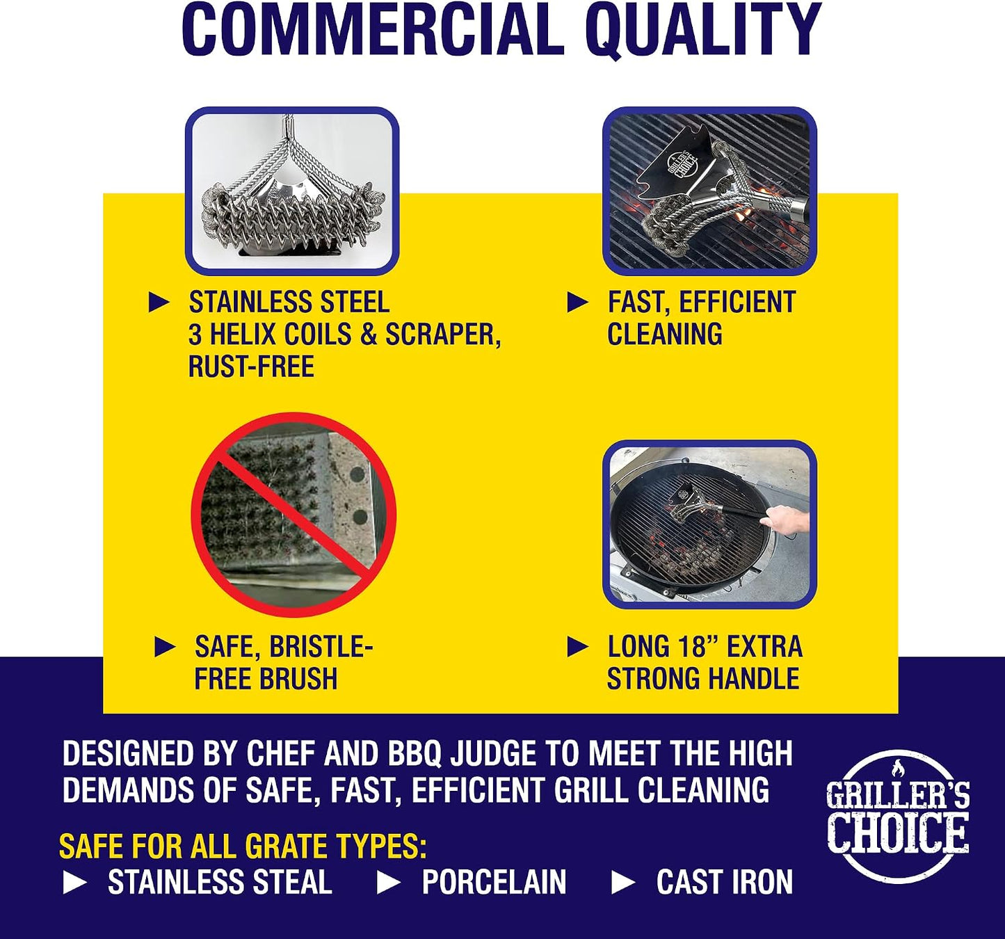 Grillers Choice Commercial Grill Brush - 2 Headed Double Helix Coils, Bristle Free, 18" Long Handle, 3 in 1 Professional Barbecue Cleaner, Stainless Steel, All Grill Types.
