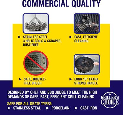 Grillers Choice Commercial Grill Brush - 2 Headed Double Helix Coils, Bristle Free, 18" Long Handle, 3 in 1 Professional Barbecue Cleaner, Stainless Steel, All Grill Types.