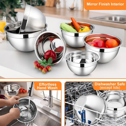 LIANYU Stainless Steel Mixing Bowls Sets of 6, Large 7, 3.5, 2.5, 2, 1.5, 1QT Size with Transparent Airtight Lids, Metal Nesting Serving Bowl Sets for Home Kitchen, Dishwasher & Freezer Safe, Black