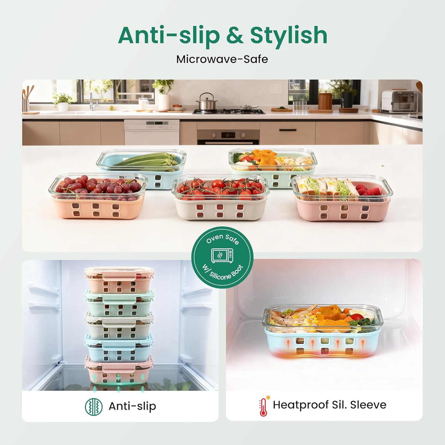 GENICOOK Glass Food Storage Containers With Glass Lids Bento Box Set Lunch Box Eco Friendly Meal Prep Containers Airtight – Plastic Free, Silicon Sleeve Bpa Free 4.4cup/ 5 * 1050ml
