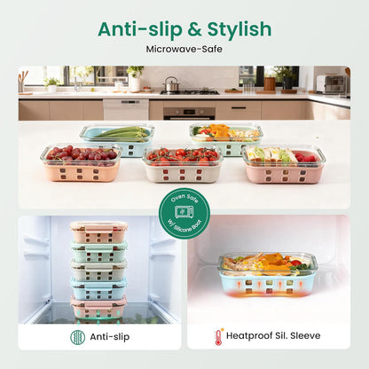 GENICOOK Glass Food Storage Containers With Glass Lids Bento Box Set Lunch Box Eco Friendly Meal Prep Containers Airtight – Plastic Free, Silicon Sleeve Bpa Free 4.4cup/ 5 * 1050ml
