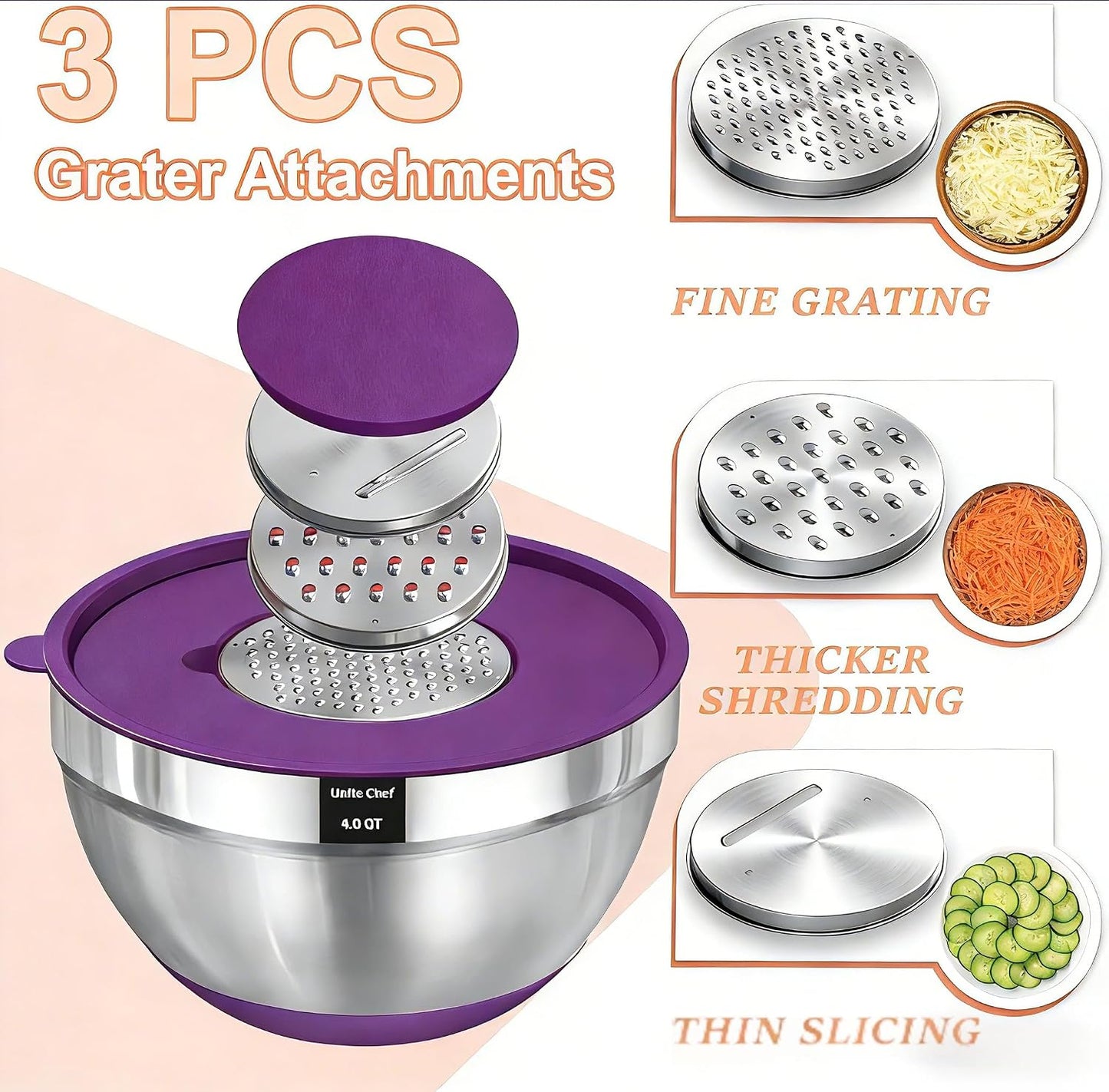 Thickened Heavy-Duty 26pcs Stainless Steel Bowl, Mixing Bowl Set with Lid, Grater Attachment, Non-Slip Bottom and Kitchen Gadget Set, Sizes 7, 4, 2.5, 2.0, 1.5, 1QT, Ideal for Mixing and Serving