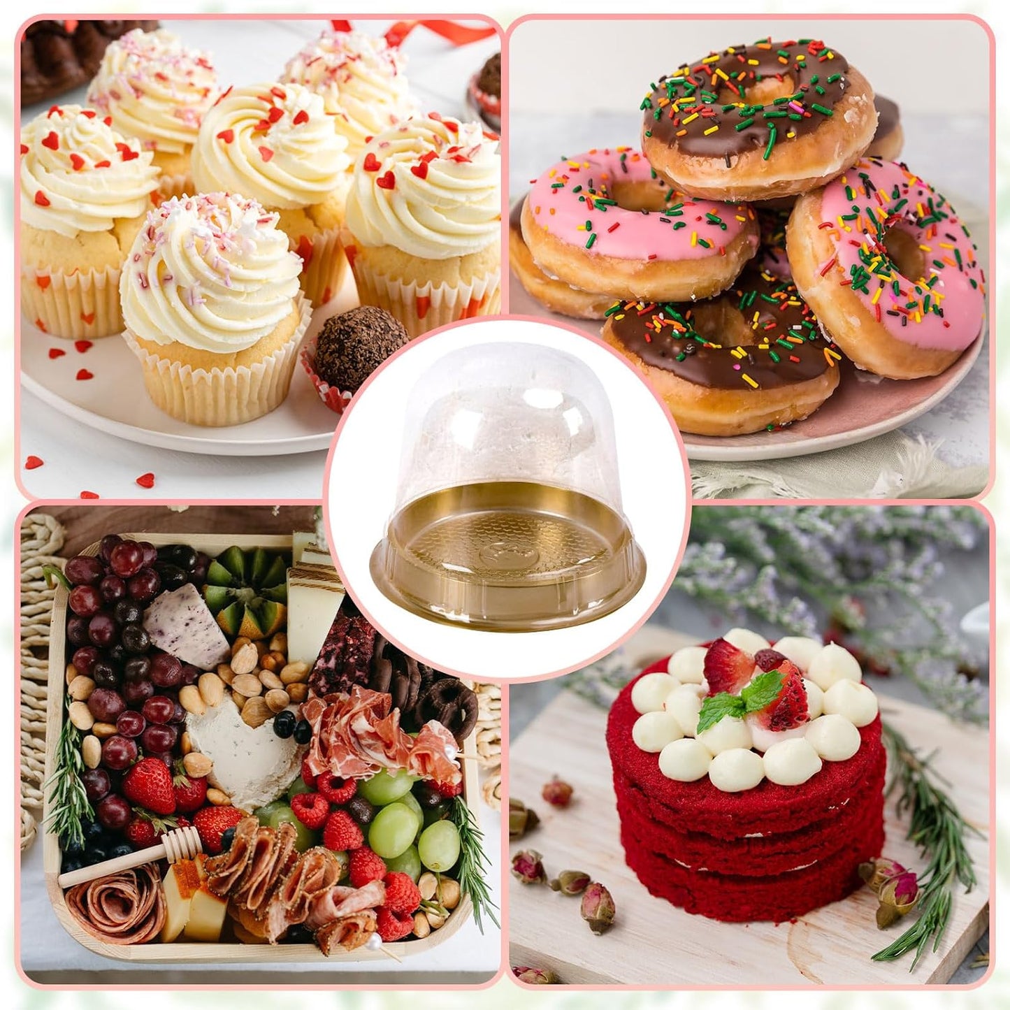 Whaline 50 Sets Disposable Individual Charcuterie Cup Clear Plastic Round Cake Boxes with Dome Lids Mini Wooden Spork Rope for Outdoor Snack Packing Open Houses Gatherings Wedding Party Event