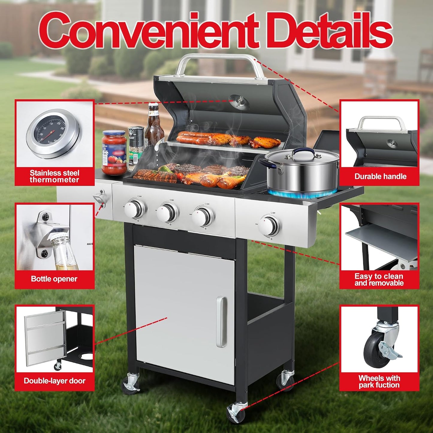 6-Burner BBQ Grill with Side Burner - 69,000 BTU Propane Gas Grill with Cast Iron Grate, Stainless Steel - 620 Sq. In. Cooking Area Cabinet Style Outdoor Grill for Barbecue & Backyard