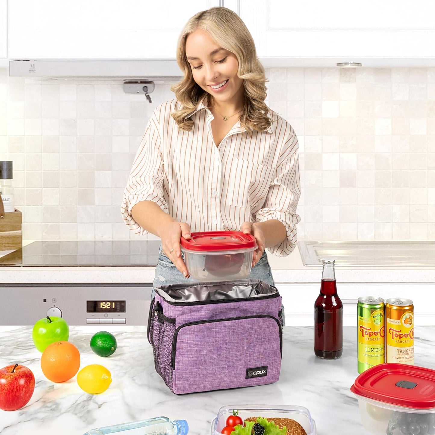 opux Insulated Lunch Bag for Men Women, Large Dual Compartment Cooler Bag, Soft Two Deck Lunch Box for Work School Picnic, Leakproof Lunch Tote with Shoulder Strap for Kid Adult (Purple, Double Deck)