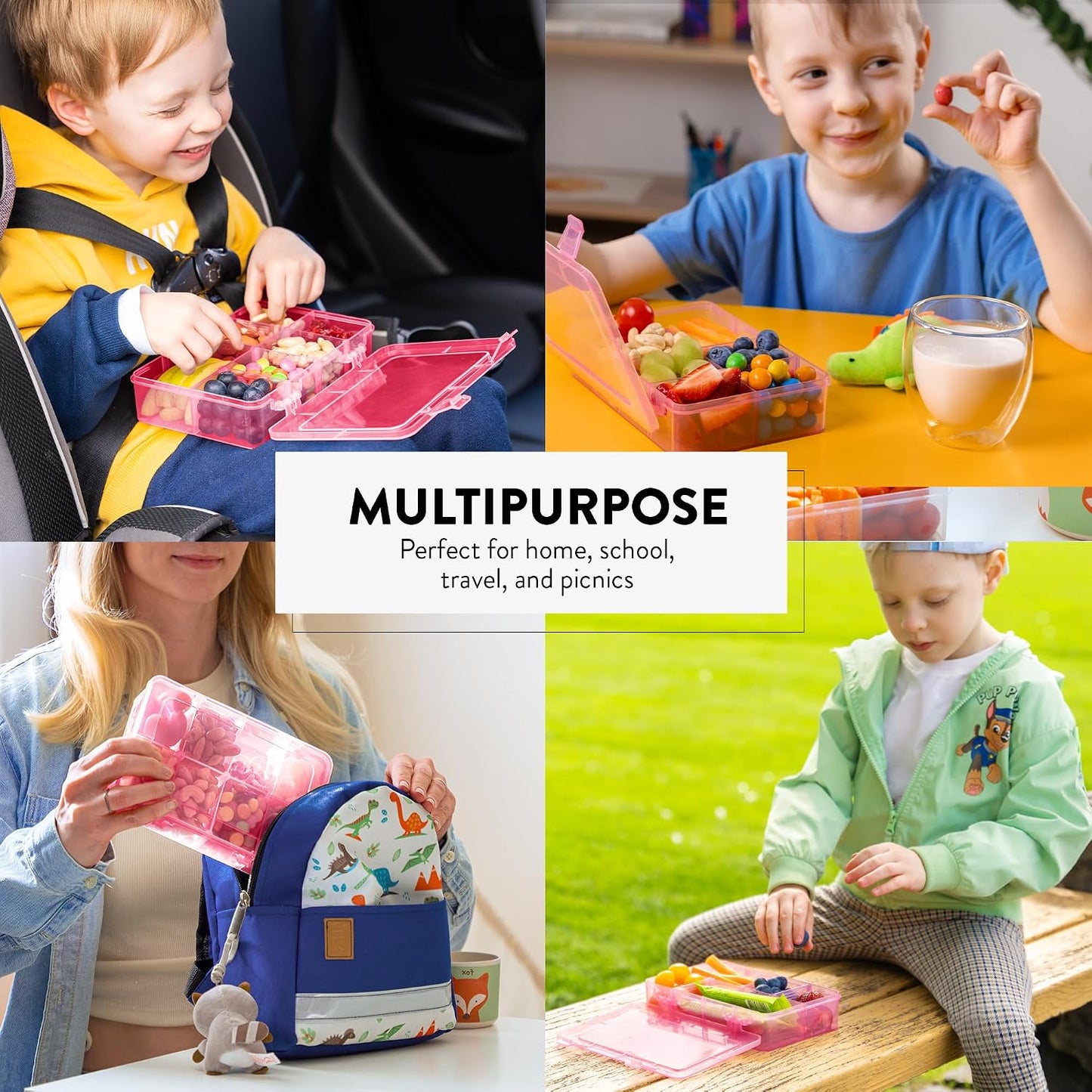 Large Kids Snack Box Containers Set of 2 -100 Labels, BPA-Free, Adjustable Compartments, Dishwasher Safe, Reusable Tray, Food Grade, Meal Prep Container, PARENT TESTED PARENT APPROVED AWARD (Clear)