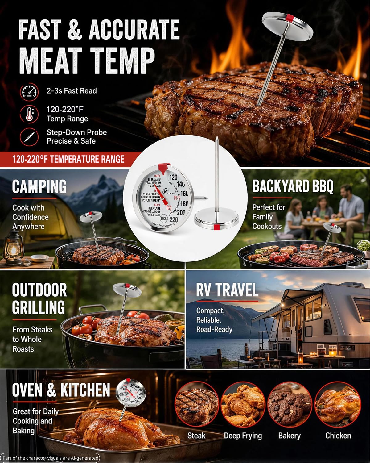 Oven Thermometer 2.75-Inch Dual Scale, 50-300°C/100-600°F, NSF 2‑Pack
