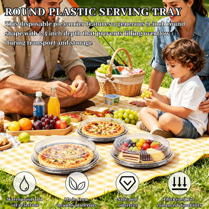 30 Pack 10 Inch Disposable Pie Carrier with Lid, Round Pie Platters Plastic Serving Tray, Catering Trays with Lids for Pies, Pizza, Desserts (Black Bottom + Clear Lid)