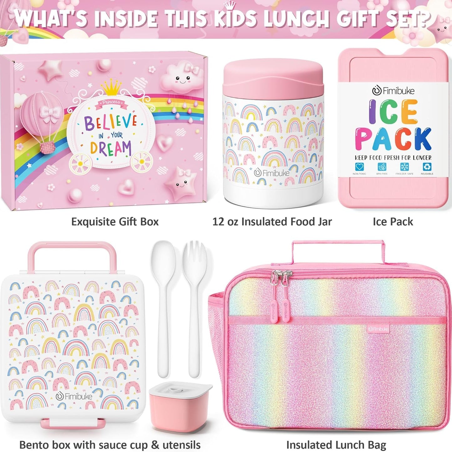 Fimibuke Kids Bento Snack Lunch Box with 4 Compartment, Insulated Lunch Bag, Stainless Steel Vacuum Thermo Food Jar, Ice Pack, Utensils Set, Birthday Gifts for Age 3-12 Back to School Toddler Girl Boy
